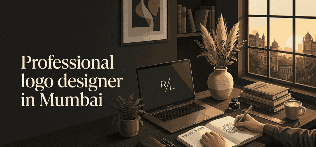 Dark academia illustration of a Best Logo designer in Mumbai's workspace with a laptop, pampas grass, notebook, and a hand sketch, at golden hour in Mumbai.