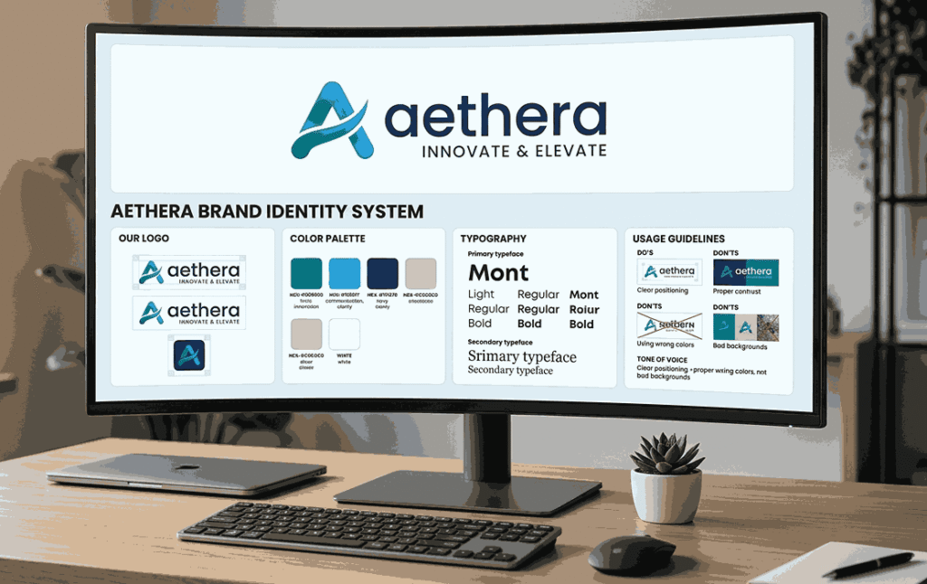A large, curved monitor on a wooden desk displays the complete Aethera Brand Identity System. The screen shows the brand's primary logo (an abstract 'A' with 'aethera' text), a 'COLOR PALETTE' with hex codes, 'TYPOGRAPHY' detailing font usage, and 'USAGE GUIDELINES' including 'DO'S' and 'DON'TS' examples, all within a modern office setting with a keyboard, mouse, succulent, and laptop.