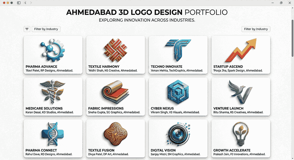 A curated portfolio of 12 distinct 3D logo designs from Ahmedabad, organized into categories: Pharma (e.g., PHARMA ADVANCE, MEDICARE SOLUTIONS), Textile (e.g., TEXTILE HARMONY, FABRIC IMPRESSIONS), Tech (e.g., TECHNO INNOVATE, CYBER NEXUS), and Startup (e.g., STARTUP ASCEND, VENTURE LAUNCH). Each design features the designer's name and location, showcasing top talent from Ahmedabad.
