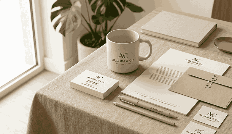 A curated, minimalist branding identity display featuring logo cards, stationery, an envelope, and a ceramic coffee mug for 'Aurora & Co. Creative Studio' on a textured beige linen surface.