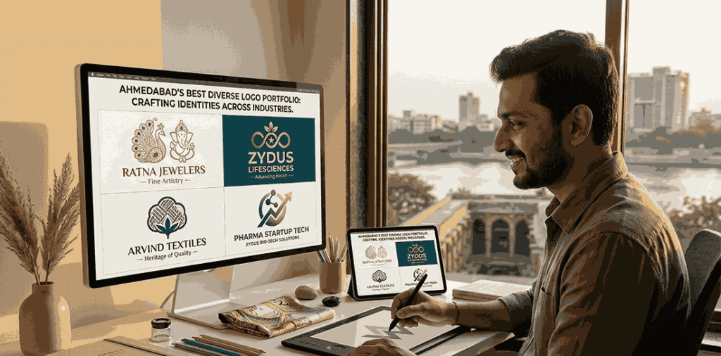 A photograph of a male individual logo designer in a high-rise Ahmedabad office overlooking the Sabarmati Riverfront at dusk, smiling at the camera. His main computer monitor displays a portfolio titled "BEST LOGO DESIGNER IN AHMEDABAD- CRAFTING IDENTITIES ACROSS INDUSTRIES," with four distinct, industry-specific logos under category headings, Specific logos like ZYDUS and ARVIND are clearly visible. His desk features a graphic tablet with a stylus, sketchbooks with pencil sketches, color wheels, typography books, pampas grass, and even some pills, showcasing a professional brand identity design process across multiple industries.