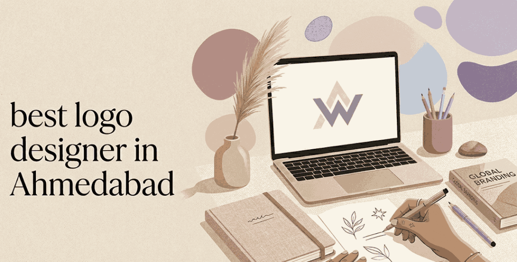 A refined, organic flat illustration of a designer’s workspace in Ahmedabad. The scene features a laptop displaying a minimalist geometric logo, a ceramic vase with dried pampas grass, and a "GLOBAL BRANDING" book on a textured beige surface. In the foreground, a hand sketches organic leaf motifs with a fine-liner pen in a linen-textured notebook. The background is decorated with soft, rounded abstract shapes in shades of French mauve, pink, blue, and purple pastels. Bold typography on the left reads "best logo designer in Ahmedabad" in a sophisticated serif font.