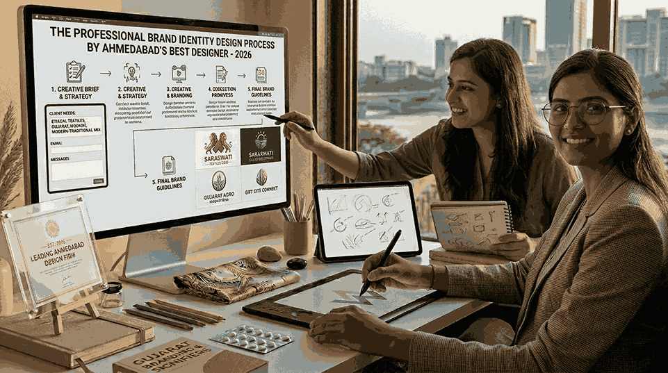 A photograph of two diverse South Asian female employees of Ahmedabad's leading design firm, of similar age, collaborating in a high-rise office overlooking the Sabarmati Riverfront at dusk in 2026.