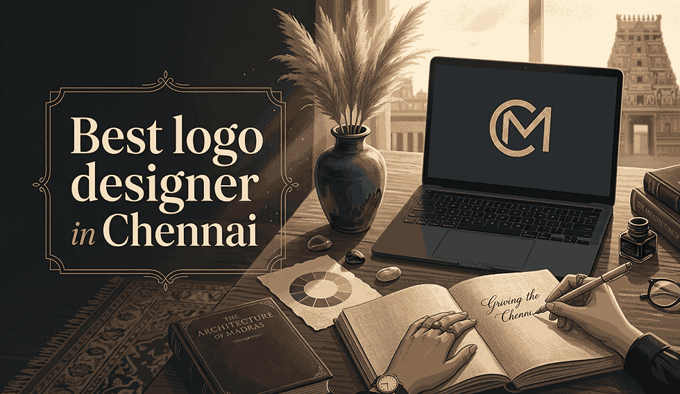 A dark academia style flat illustration of a designer’s workspace in Chennai. A hand is writing with a fine-liner in an open, textured notebook featuring an "M" monogram logo. An open laptop on the desk displays a minimalist geometric "CM" logo. An elegant ceramic vase holds pampas grass. Rich dark charcoal, sepia, and warm beige tones are used with dramatic golden hour lighting from a window overlooking a temple. Luxurious high-contrast serif typography on the left reads "Best logo designer in Chennai." The atmosphere is moody, premium, and textured.