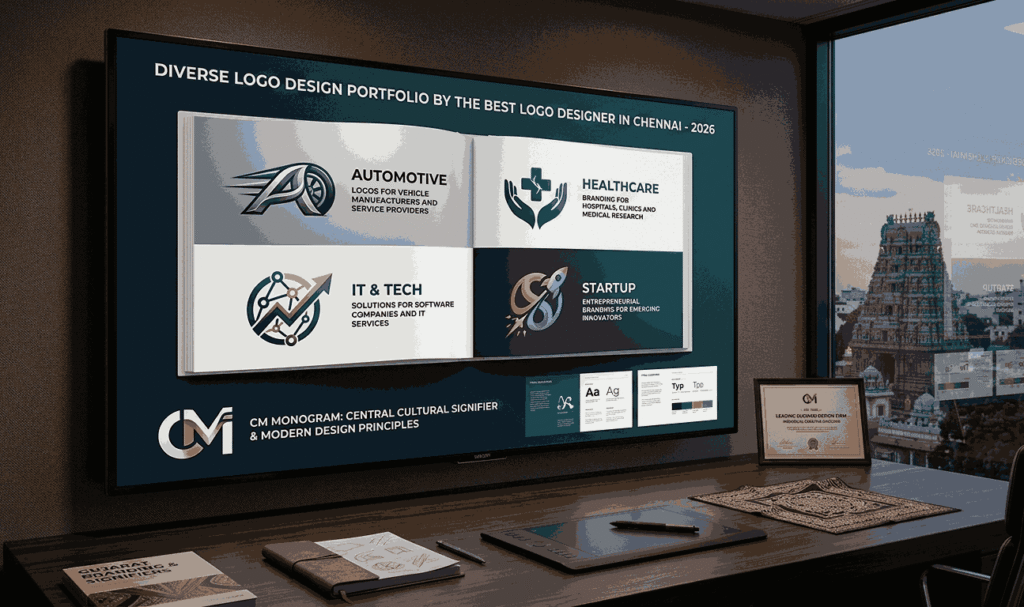 A high-resolution photograph of an immaculate Chennai design studio desk at dusk. A large wall-mounted monitor displays a diverse logo design portfolio brochure open to a four-quadrant grid: AUTOMOTIVE, HEALTHCARE, IT & TECH, STARTUP. Each quadrant has industry-specific logos and readable descriptions (e.g., 'A' for Vehicle Manufacturers).