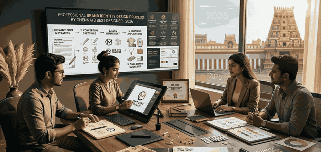 A collaborative photograph in a high-rise office conference room in Chennai, under a sun-drenched, sophisticated ambiance with a stunning window view of the Kapaleeshwarar Temple. The diverse team of four South Asian design specialists, of similar age, is engaged in creating a professional brand identity.