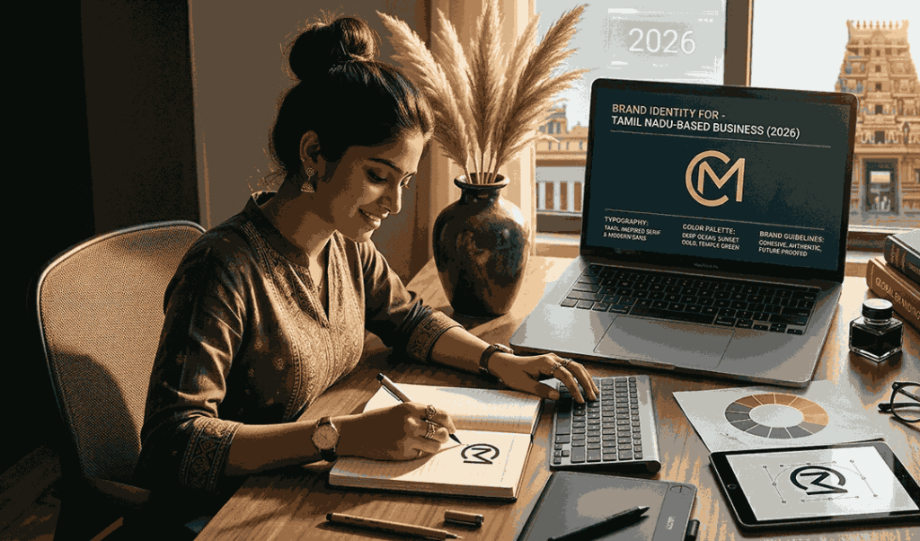 A photograph of a professional female South Asian logo designer in a sun-drenched Chennai office, smiling as she writes in a sketchbook with a fine-liner pen. Her gaze is shared with a large color-calibrated monitor displaying a cohesive brand identity for a Tamil Nadu-based business in 2026.