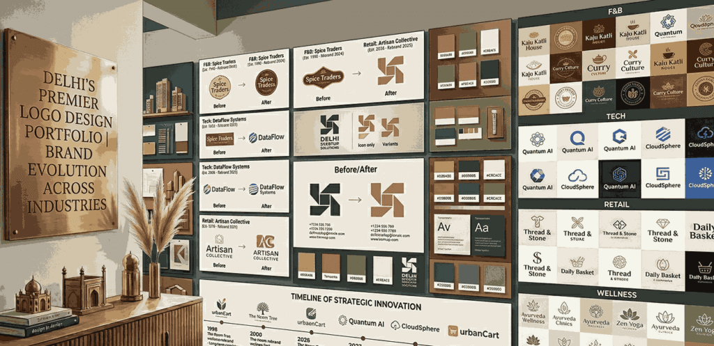 "A comprehensive logo design portfolio display in a modern Delhi, India office. Features a curated grid of before-and-after rebrand case studies across industries like F&B (Spice Traders, Kaju Katli House), Tech (Quantum AI, CloudSphere), Retail (Thread & Stone, Daily Basket), and Wellness (Ayurveda Clinics, Zen Yoga). A gold sign reads 'Delhi’s Premier Logo Design Portfolio | Brand Evolution Across Industries'."