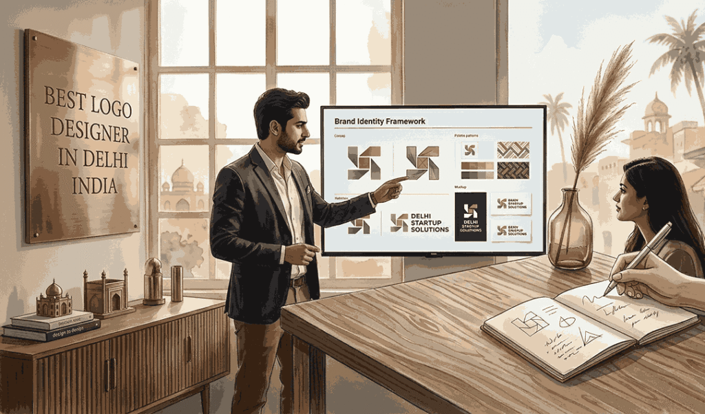 A professional graphic design consultation in a Delhi studio with a large window view. A designer in a blazer points to a screen displaying a complete 'Brand Identity Framework' to a startup founder client. A gold sign on the wall reads 'Best Logo Designer in Delhi India