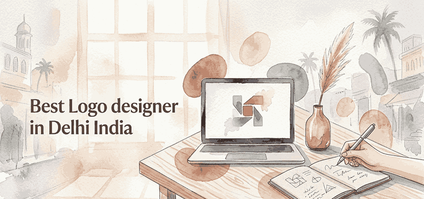 Watercolor illustration of a creative desk setup in India featuring a laptop showing a custom geometric logo, a hand sketching design ideas in a notebook, and the text 'Best Logo designer in Delhi India'.