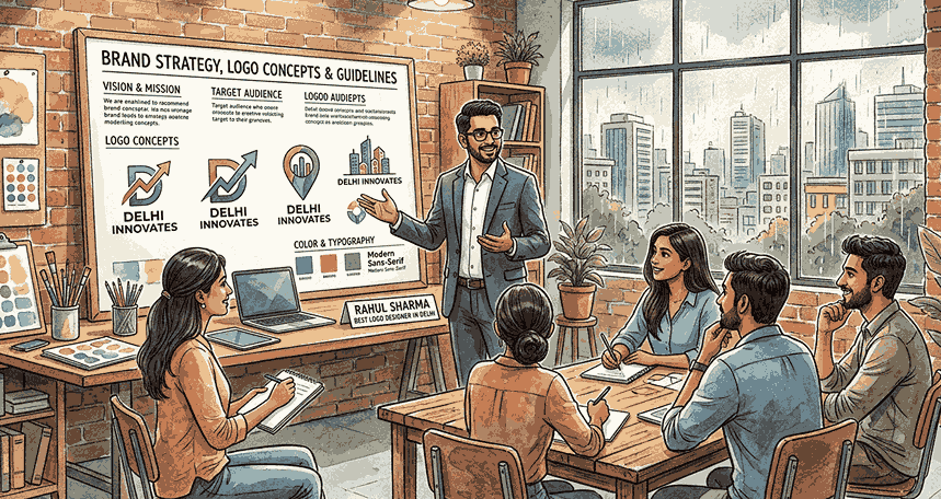 A watercolor illustration of graphic designer Rahul Sharma presenting brand strategy, logo concepts, and guidelines to a startup team in a modern brick office. The background is a rain-soaked cityscape. A desk nameplate says "Rahul Sharma - Best Logo Designer in Delhi.