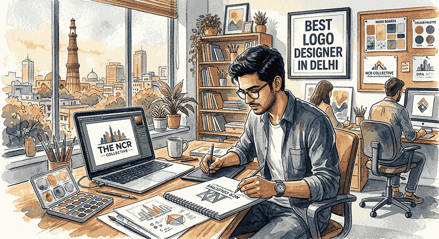 A watercolor illustration of a young male best logo designer in a Delhi studio, working on a brand identity for 'The NCR Collective'. The studio window shows the Qutub Minar. He is sketching and using a laptop to design a modern, geometric logo. In the background is a poster that reads, 'BEST LOGO DESIGNER IN DELHI