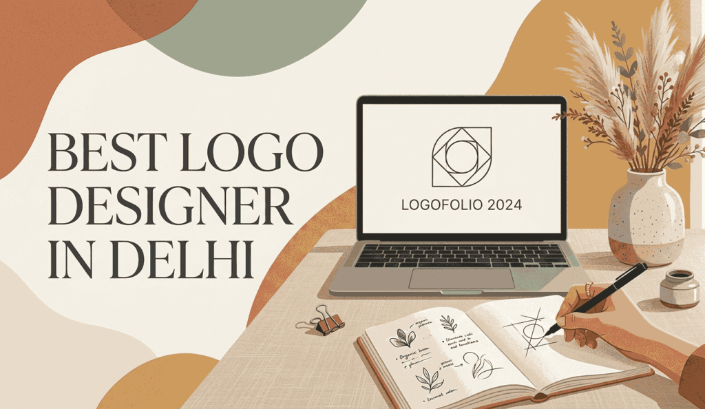 Illustration of an open laptop, a ceramic vase with dried pampas grass, and a person's hand sketching a logo with a pen on a notebook.