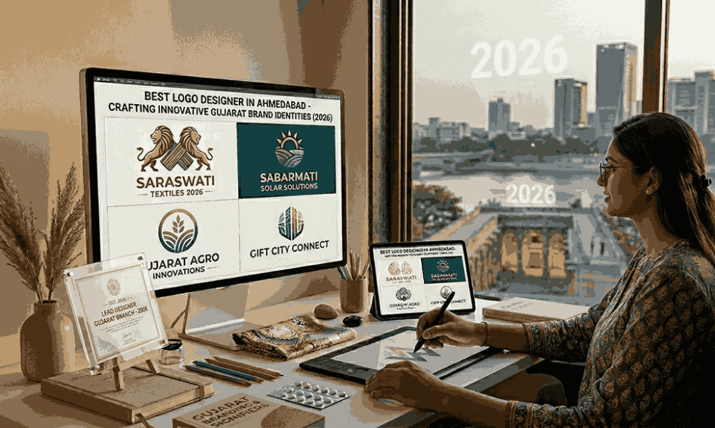 Best Logo Designer in Ahmedabad 2026 - Creative professional crafting premium Gujarat brand logos for Saraswati Textiles, Sabarmati Solar Solutions, Gujarat Agro Innovations, and Gift City Connect.