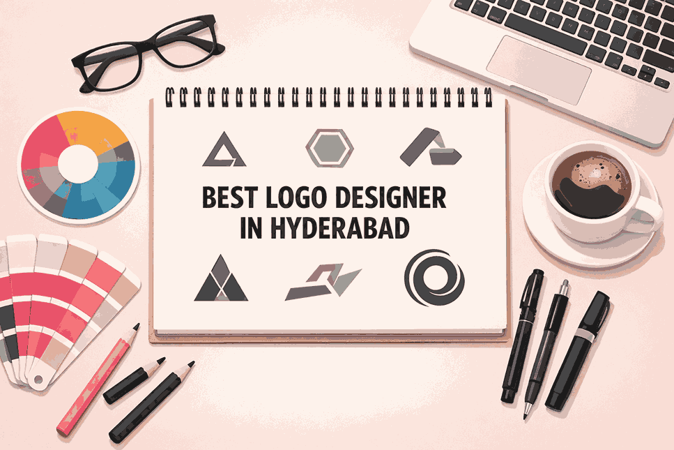 Minimal pink aesthetic flat lay of a graphic designer workspace with sketchbook showing logo concepts and text “Best Logo Designer in Hyderabad”