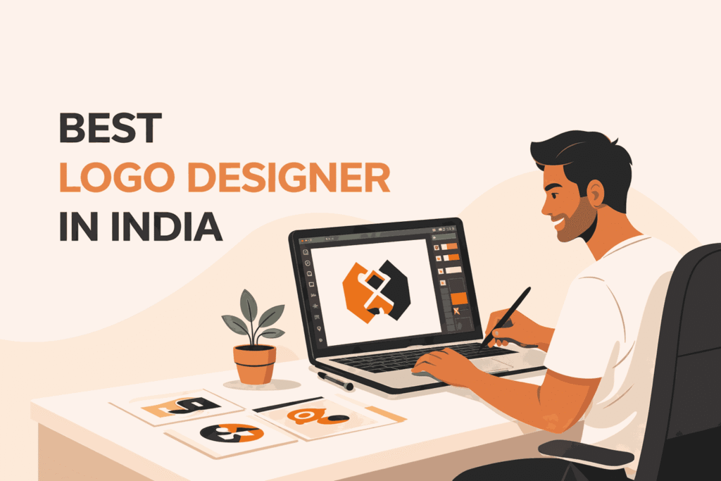 Best logo designer in India creating modern logo design on laptop with stylus in minimalist workspace illustration