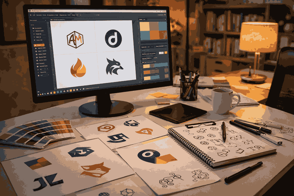 Best logo designer in India workspace showing logo design software, printed logo concepts, and creative branding tools on desk