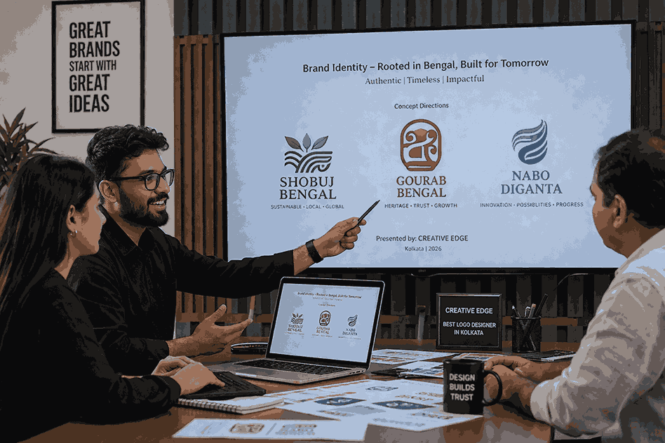 Best logo designer in Kolkata presenting brand identity concepts to clients for a Bengal-based business in a modern design studio