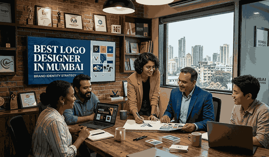 Professional logo designer team in Mumbai presenting brand identity concepts to a client in a modern office workspace
