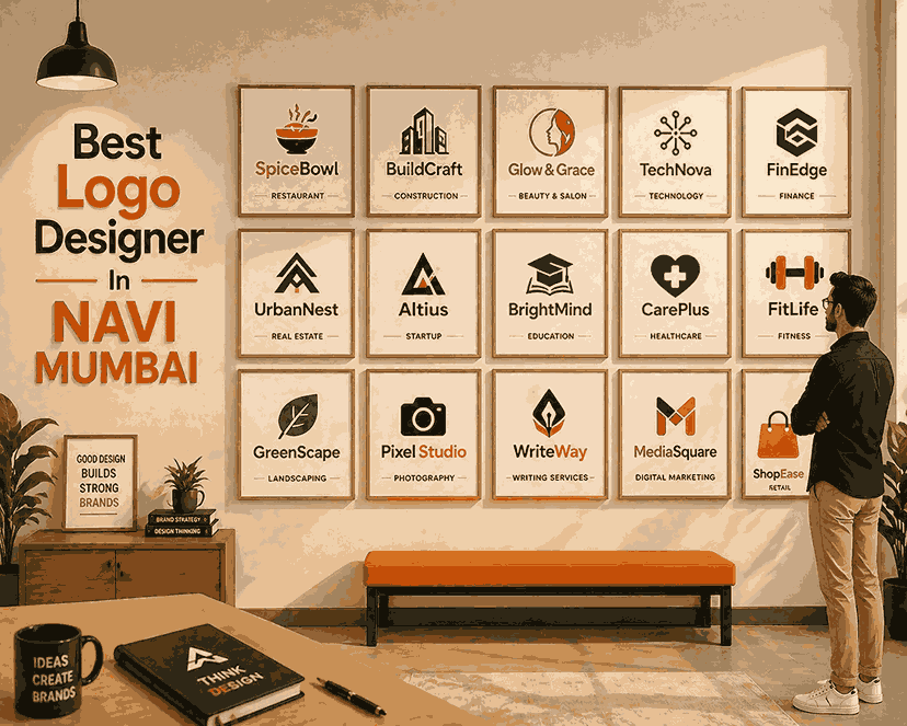 Best logo designer in Navi Mumbai studio wall with framed logo designs from multiple industries and designer observing portfolio
