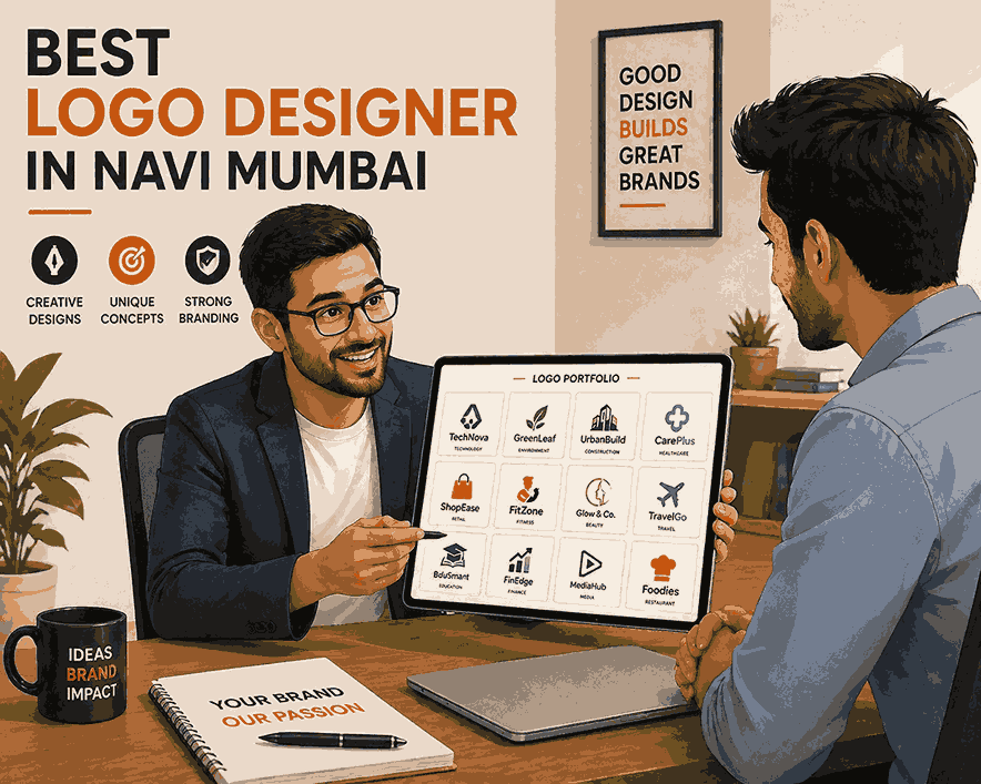 Best logo designer in Navi Mumbai presenting logo portfolio on tablet to client in modern office illustration