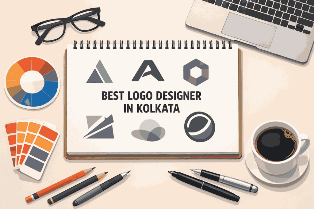 Flat lay illustration of a graphic designer's desk with a central spiral sketchbook featuring the text "BEST LOGO DESIGNER IN IN KOLKATA", surrounded by a laptop, eyeglasses, a color wheel, color swatches, pencils, pens, and a coffee cup on a beige background with subtle gradients and shadows.