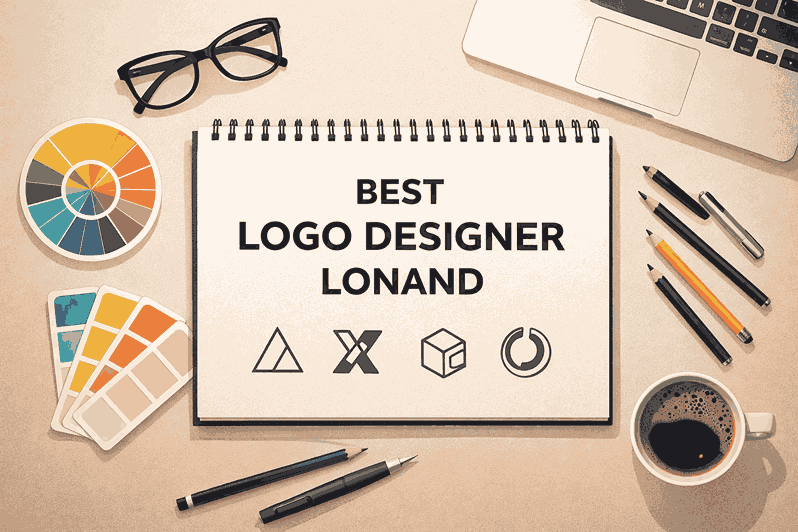 Flat lay illustration of a logo designer workspace with sketchbook, laptop, color swatches, and “Best Logo Designer Lonand” text.