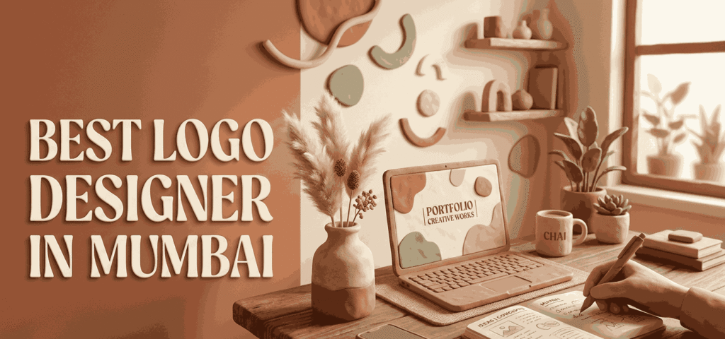 A cozy, soft 3D clay-like illustration of a designer's workspace in Mumbai, featuring a laptop, pampas grass, a notebook with a pen in hand, and the text "BEST LOGO DESIGNER IN MUMBAI" in modern serif typography.