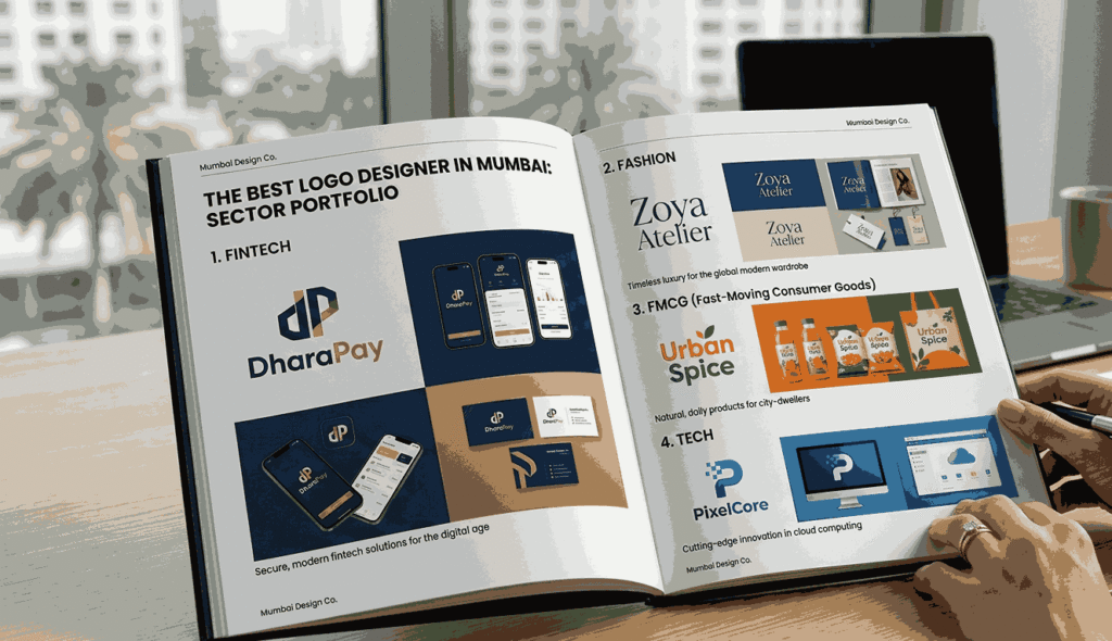 A portfolio book by "Mumbai Design Co." open on a desk. It showcases diverse logo designs and brand identities for "DharaPay" (Fintech), "Zoya Atelier" (Fashion), "Urban Spice" (FMCG), and "PixelCore" (Tech). Text on the pages reads "THE BEST LOGO DESIGNER IN MUMBAI: SECTOR PORTFOLIO".