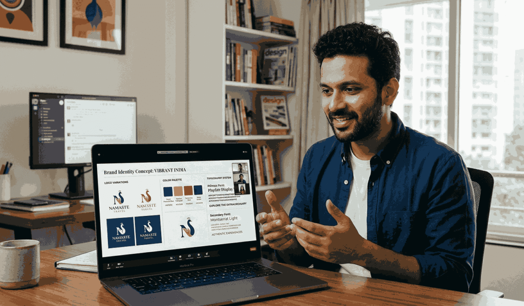 A male best logo designer in Mumbai presenting a comprehensive "Namaste Travel" brand identity concept during an online Zoom meeting. The presentation slide visible on his laptop includes various logo designs featuring a peacock motif, a typography system (with "Vibrant India" and "Namaste" visible), and a color palette with specific hex codes. The designer is speaking into his laptop in a home office setting with a window view of high-rise buildings.