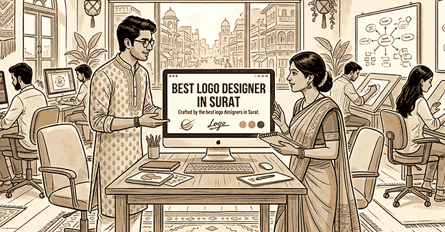 A beige-themed aesthetic illustration of a professional branding agency office in Surat, India, showing designers presenting logo concepts to a client on a monitor.