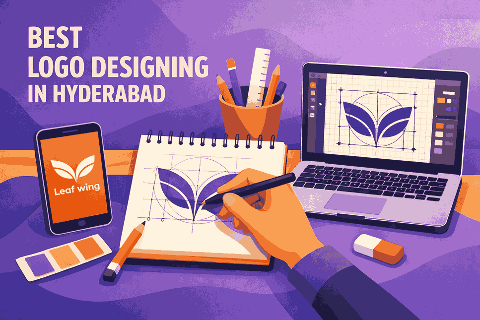 Modern flat illustration of a graphic designer creating a geometric logo on a notepad with stylus, laptop and smartphone displaying “Leaf wing” logo, best logo designing in Hyderabad