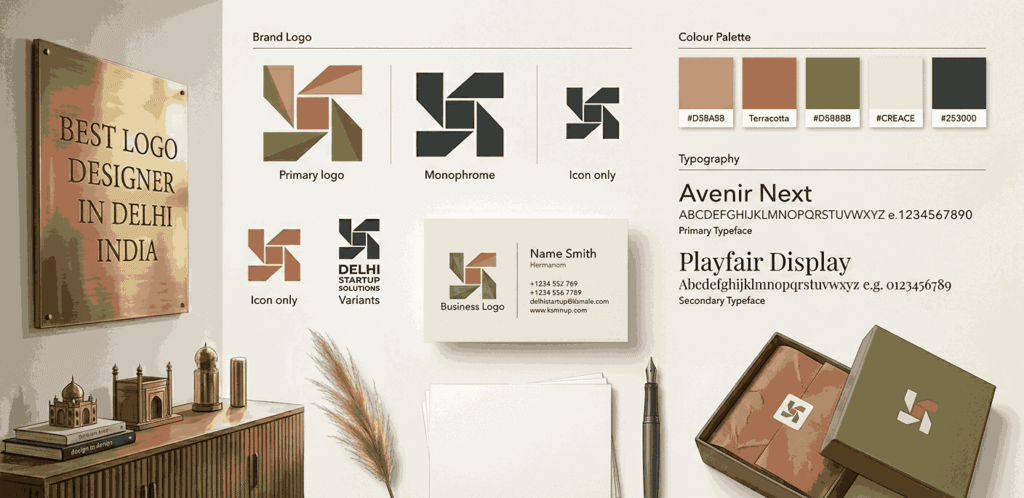 "A comprehensive brand identity system showcase for 'Delhi Startup Solutions', created by the best logo designer in Delhi, India. The display includes the primary logo, monochrome variant, colour palette with hex codes, Avenir Next and Playfair Display typography, a business card, and premium packaging with the logo icon."