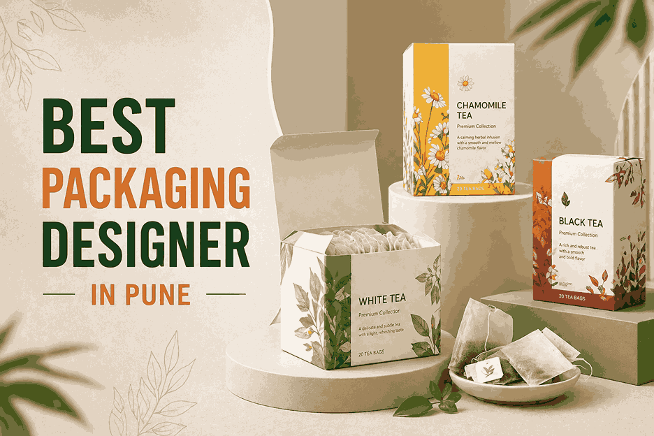 Best packaging designer in Pune banner with realistic tea packaging boxes on minimal geometric platforms