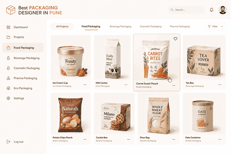 Best packaging designer in Pune dashboard showing food packaging mockups with modern UI layout