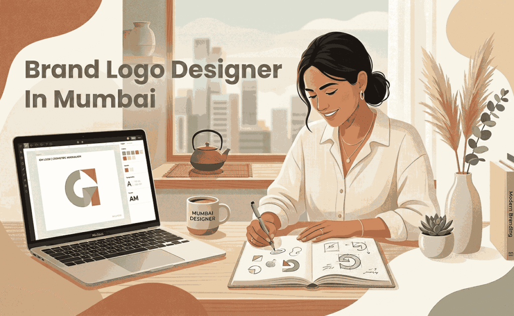 Flat illustration of a female brand logo designer in her Mumbai workspace, featuring the text "Brand Logo Designer In Mumbai," a laptop with a geometric logo design, a sketchbook with initial sketches, and a Mumbai skyline through the window.