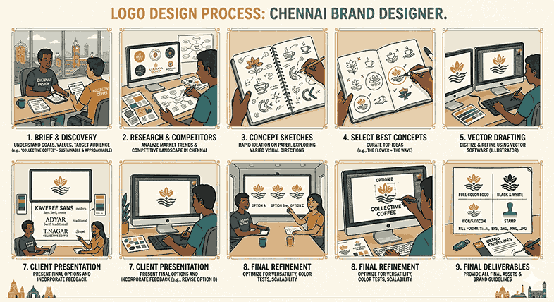 An illustrated infographic showing the 9 steps a Chennai-based brand designer takes to create a logo. The panel starts with a brief at a desk overlooking local landmarks, moves to research, sketchbook concept sketches, and vector drafting. It concludes with client presentation of options A, B, and C, final refinement of Option B, and the creation of final deliverables like full color and black and white versions.