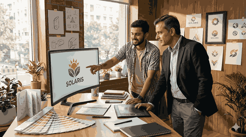 Client discussing logo design project with professional logo designer in modern studio while reviewing branding on computer screen