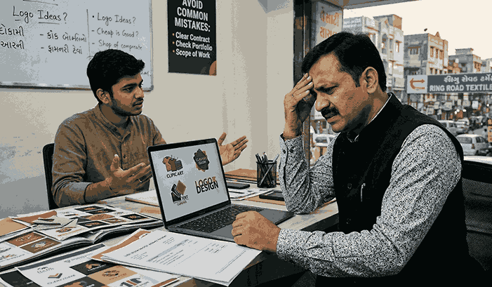 Frustrated business man in an office, rubbing his temple while a logo designer with generic, clip art-style designs on his laptop gestures with his hands. A poster on the wall lists mistakes: 'Clear Contract, Check Portfolio, Scope of Work'. A sign in the background reads 'RING ROAD TEXTILE MARKET'.