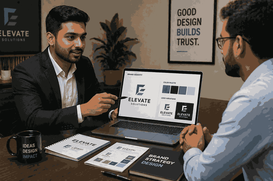 Logo designer presenting brand identity design, logo variations, and color palette to client on laptop in corporate office