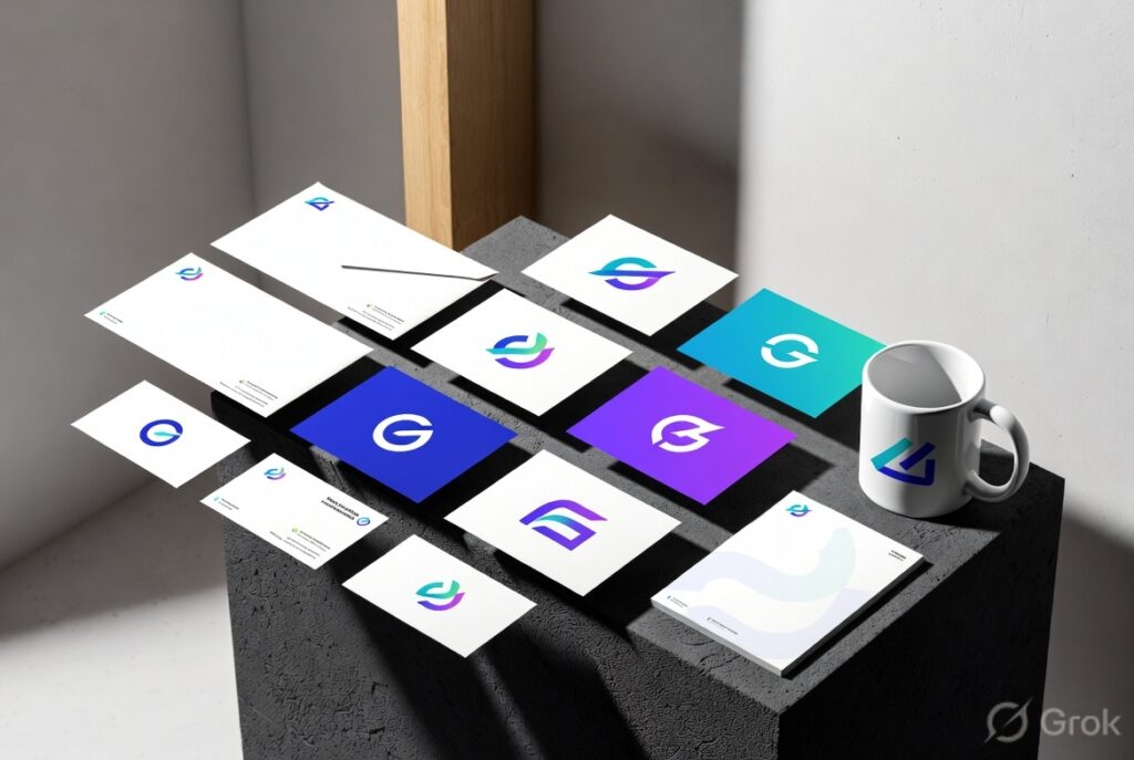 Creative branding mockup showcasing cohesive brand identity with logo business cards, stationery, envelopes, and branded coffee mug arranged in modern studio lighting