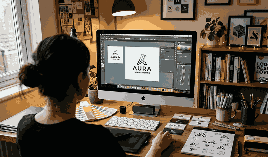 best logo designer in Surat professional girl making the logo on computer