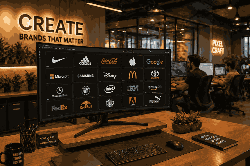 Creative studio workspace with curved monitor displaying famous brand logos and designers working in background