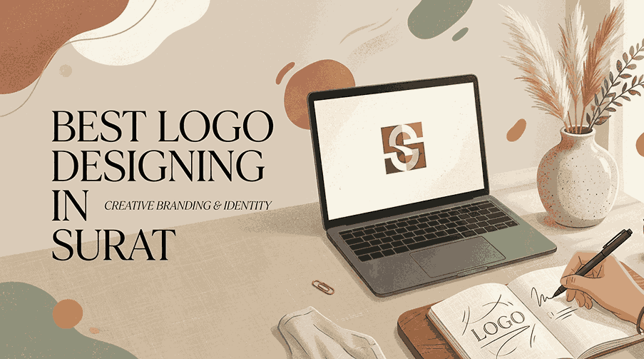 Flat illustration of a designer's workspace in Surat, featuring a laptop displaying a geometric logo and dried pampas grass in a vase.