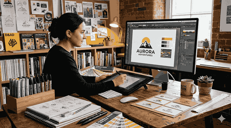 A creative studio workspace of a professional logo designer in Mahabaleshwar featuring a computer monitor, color swatches, and printed logo concepts.