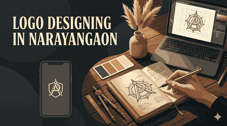 Dark academia style logo designing in Narayangaon with designer workspace laptop geometric logo and warm lighting