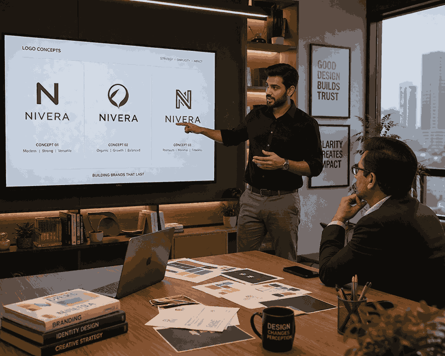 Professional logo design portfolio featuring diverse industry brands like Technology, Hospitality, Real Estate, and Healthcare, created by Delhi-based brand designers.