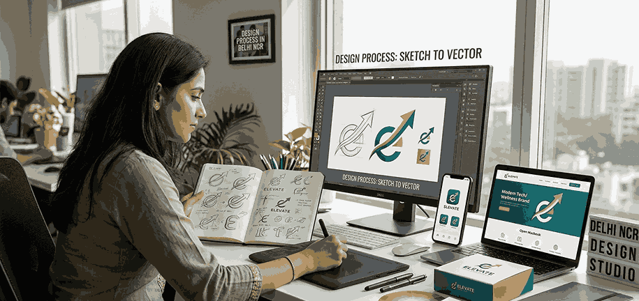 A photo of a female logo designer in a Delhi NCR design studio, working at her desk with natural light. She is creating sketches in a notebook for a new 'ELEVATE' brand identity, which are shown next to a Wacom tablet and a large computer monitor. The monitor displays the sketches being converted into clean digital vector art, with a 'DESIGN PROCESS: SKETCH TO VECTOR' overlay text. Various brand application mockups of the finalized ELEVATE logo are also shown on a smartphone, a laptop, and a physical packaging box.