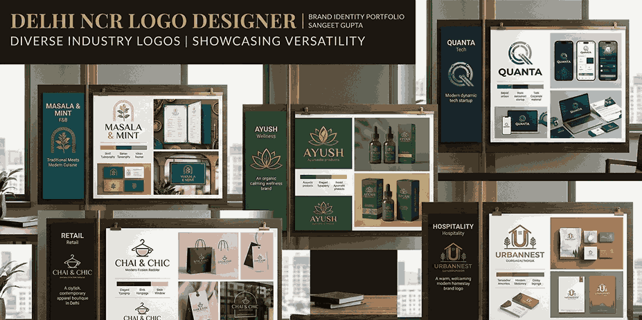 A professional portfolio showcase for Sangeet Gupta, a Delhi NCR Logo Designer and Brand Identity Specialist. The image features a collage of five distinct brand identity projects across different industries. The displayed brands include Masala & Mint (Food & Beverage), Ayush (Wellness/Ayurveda), Chai & Chic (Retail), Quanta (Tech), and Urban Nest (Hospitality/Homestay). Each panel shows the logo, color palette, and various brand applications like stationery, packaging, menus, and shopping bags, all presented in a sophisticated gallery style setting with a city skyline view in the background. The text on the image reads "DELHI NCR LOGO DESIGNER | BRAND IDENTITY PORTFOLIO | SANGEET GUPTA" and "DIVERSE INDUSTRY LOGOS | SHOWCASING VERSATILITY".