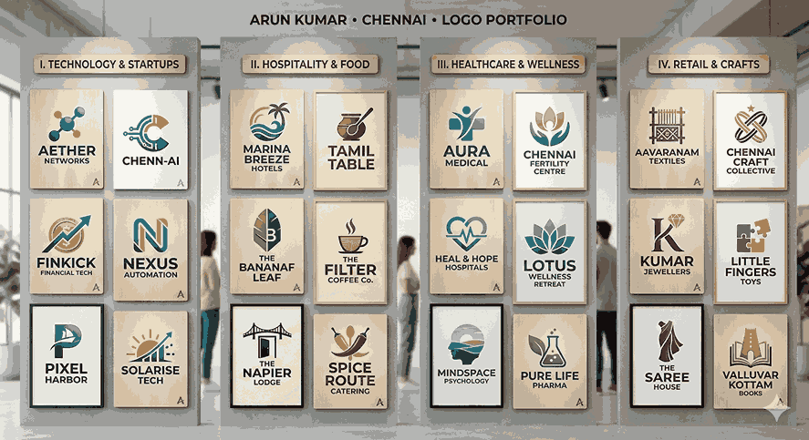 A gallery wall displaying a diverse portfolio of professional logo designs by Chennai-based designer Arun Kumar, categorized into four major industries: Technology & Startups, Hospitality & Food, Healthcare & Wellness, and Retail & Crafts. Each category features various unique logos for fictional companies like CHENN-AI, Marina Breeze Hotels, Aura Medical, and Kumar Jewellers.